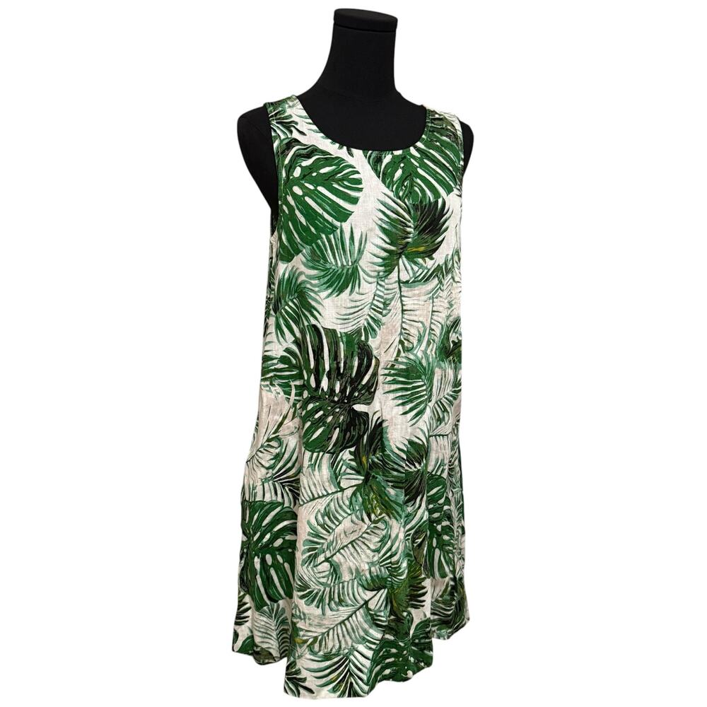 Tahari Sleeveless Dress Linen Tropical Monstera Palm Fronds Green White Small